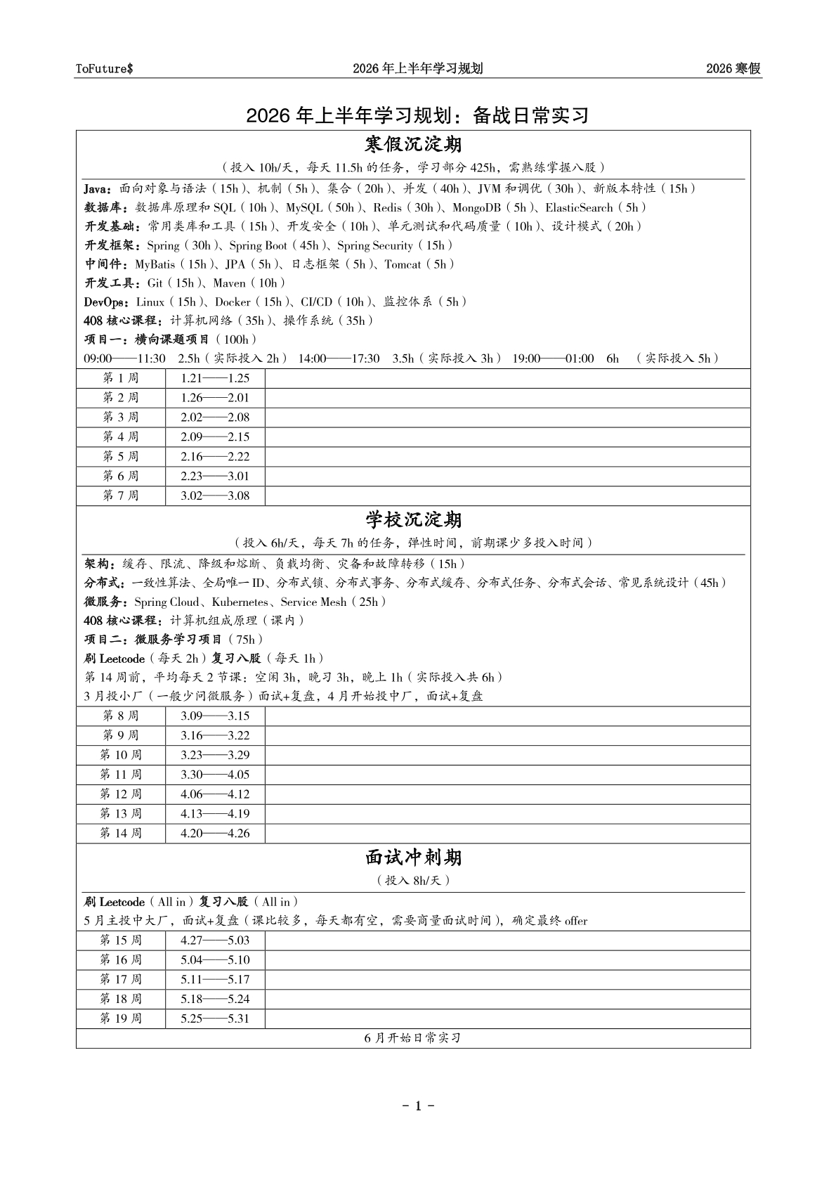 2026年上半年学习规划：备战日常实习